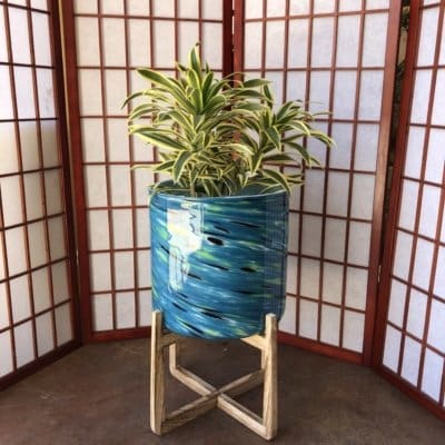 Blue Hand-Blown Glass Planter w/ Stand